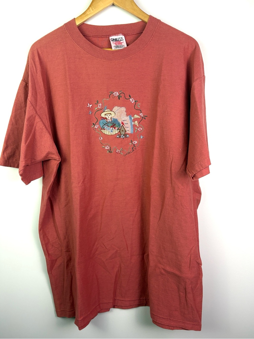 Vintage Oneita Coral Graphic Tee with Floral Country core embroidery size XL